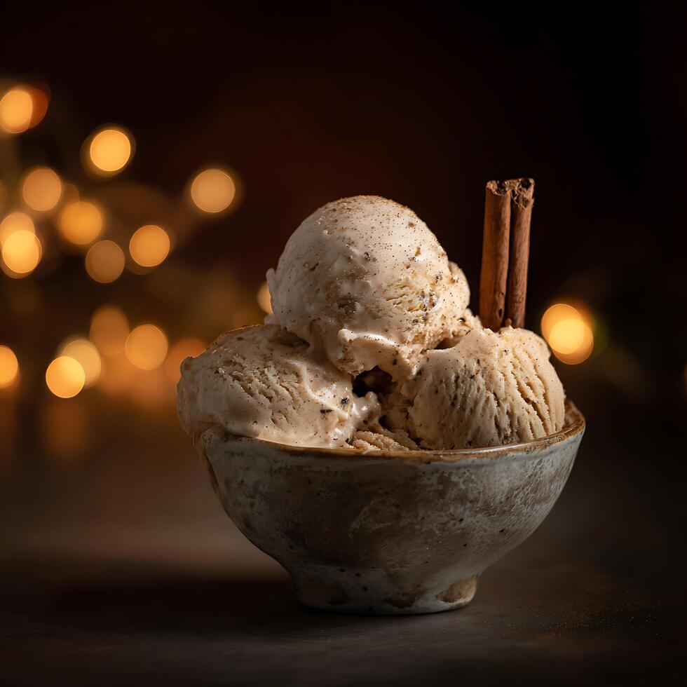 Delicious ice cream with cinnamon sticks and festive bokeh lights. photo