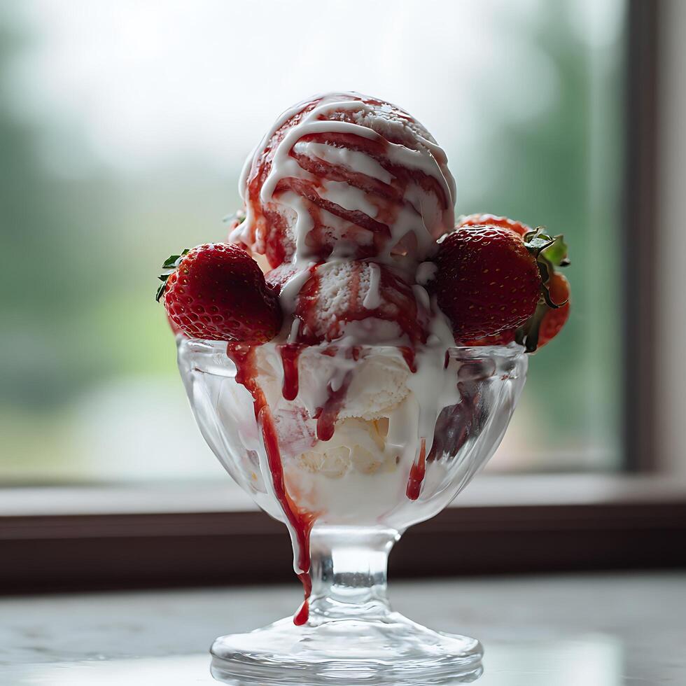 Delicious Strawberry Ice Cream Sundae with Fresh Berries and Sauce. photo
