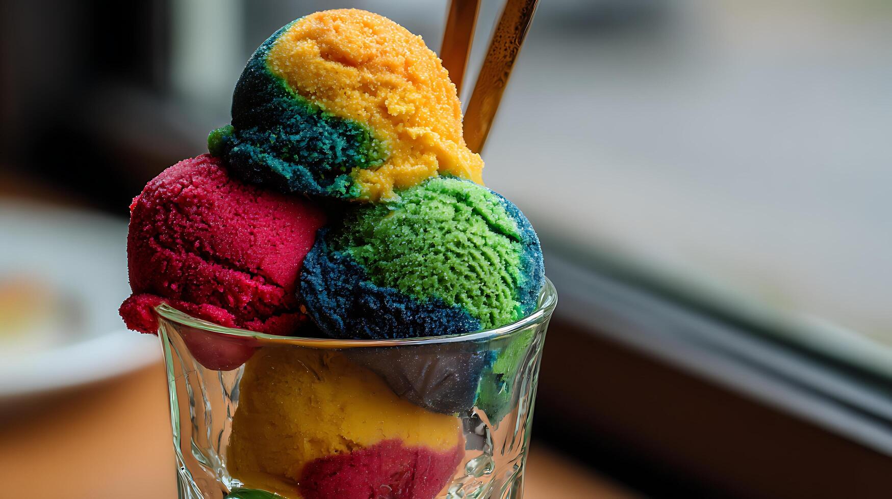 Vibrant Rainbow Ice Cream Scoops in a Crystal Glass. photo