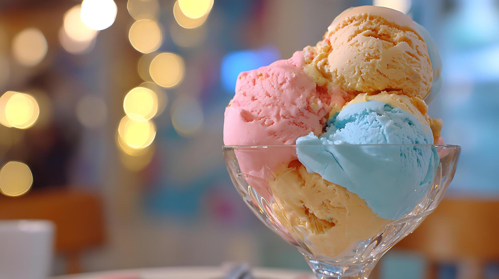 Delicious ice cream scoops in a glass bowl on a blurred background. photo