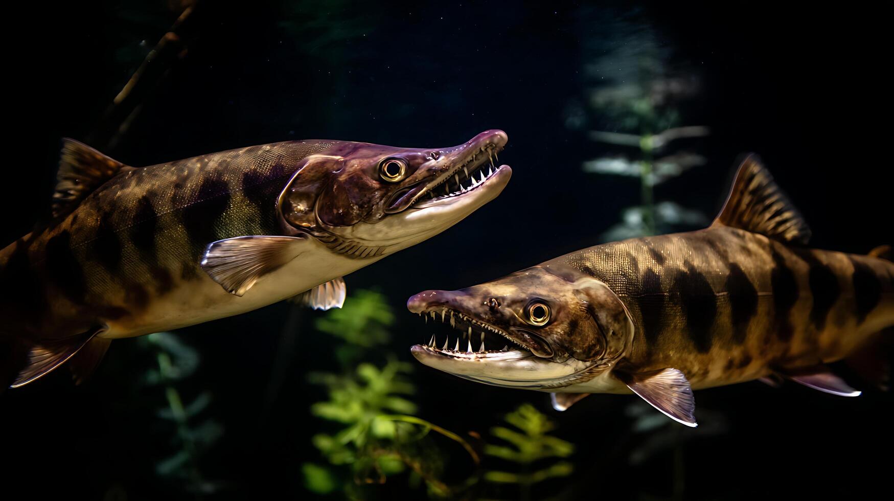 Fierce Predators Close Up Two Tigerfish Teeth Bared Underwater. photo