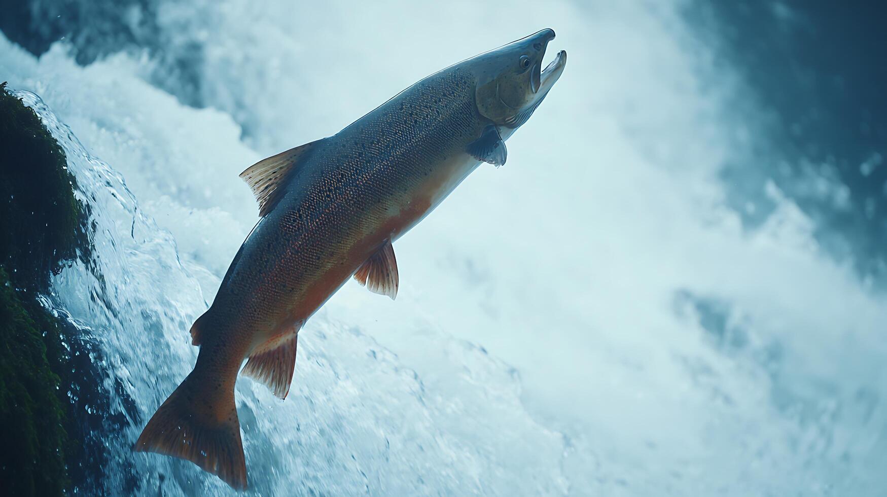 Majestic Salmon Leaping Upward Against A Rushing Waterfall Current. photo