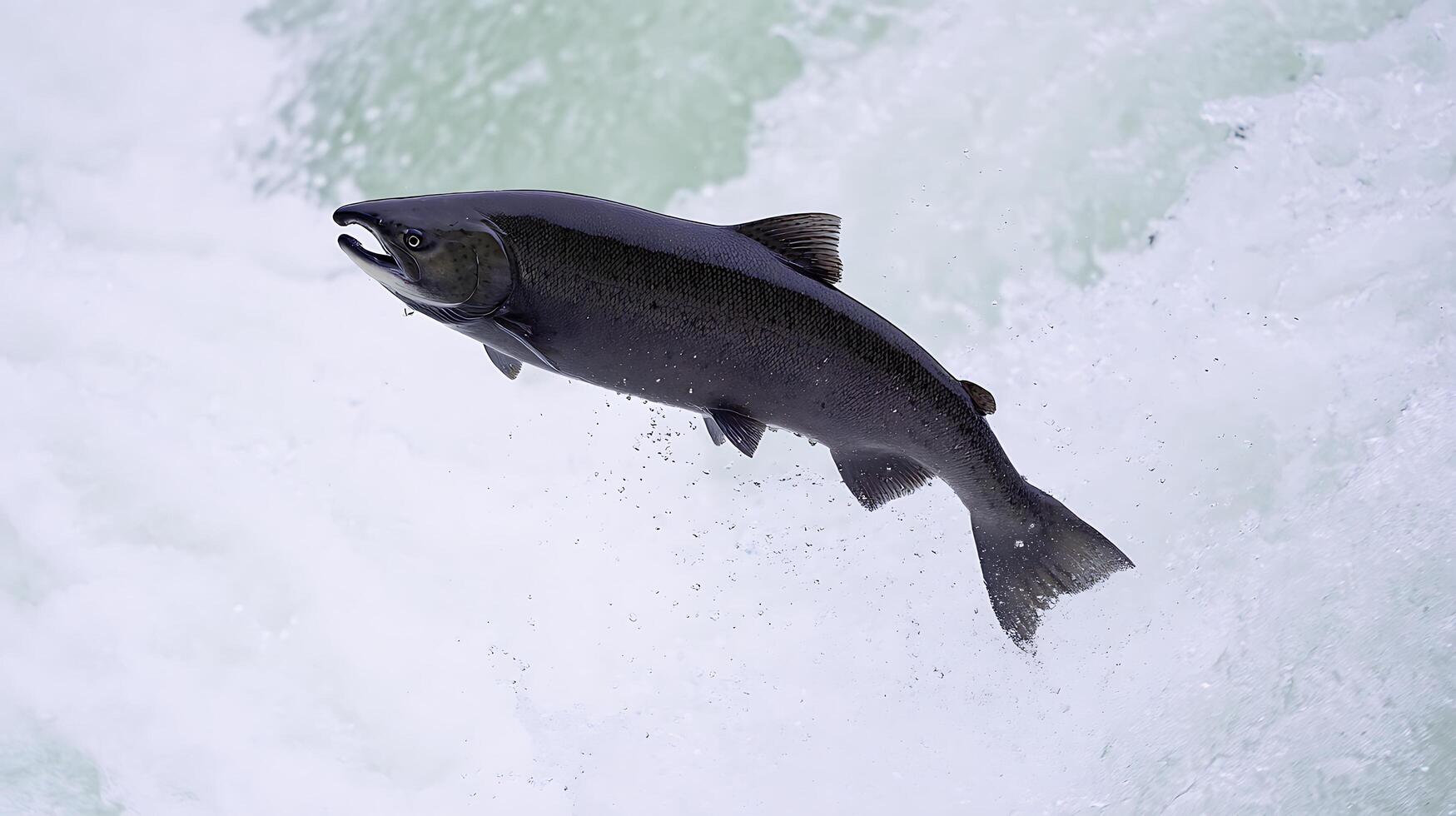Powerful Salmon Leaps Through Rushing Water in Natural Habitat. photo