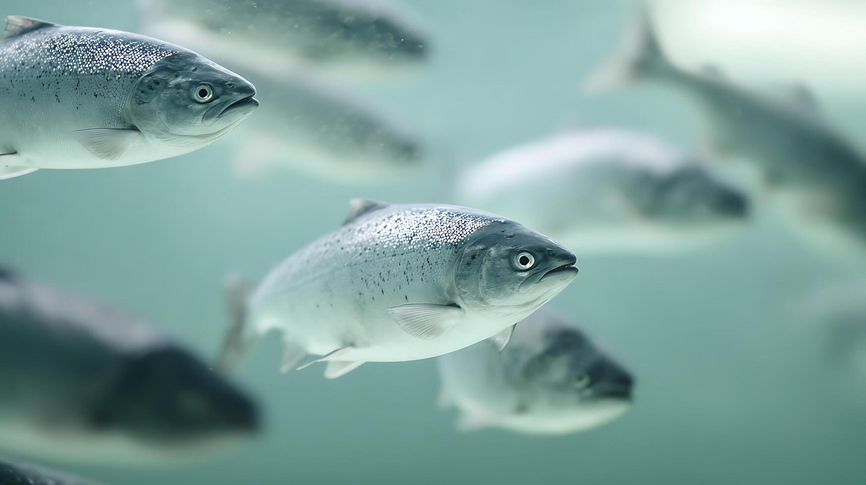 School of Salmon Swimming Gracefully Through Clear Blue Ocean Water. photo