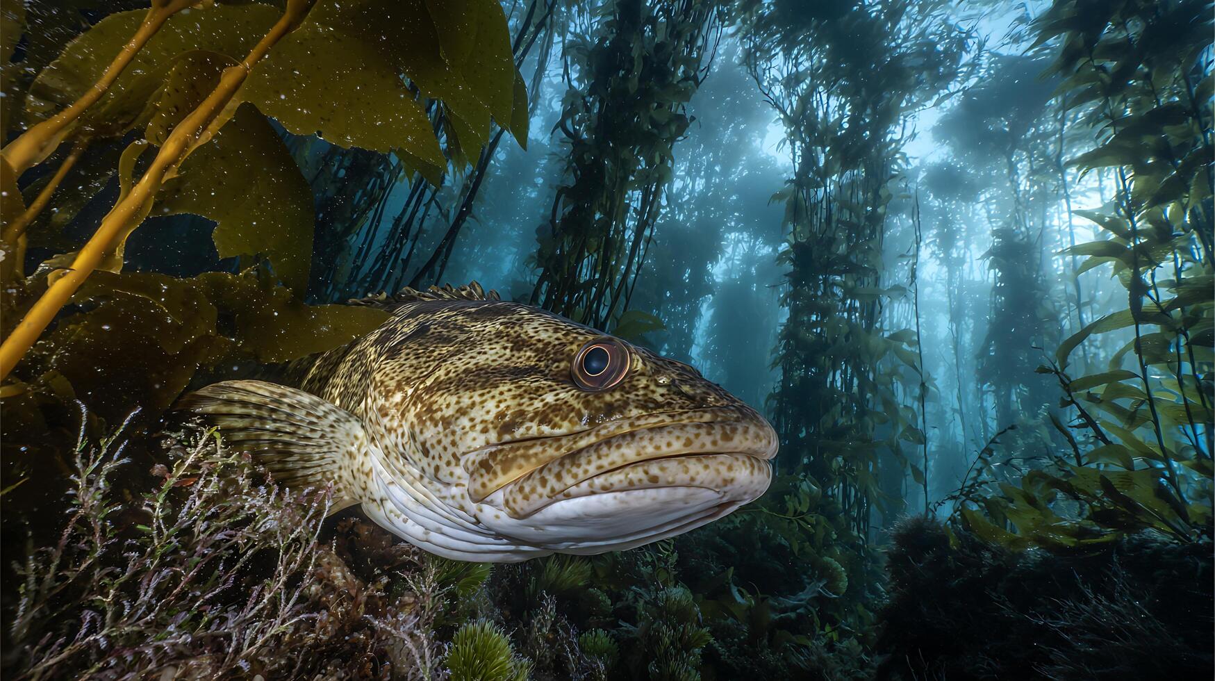 Underwater Kelp Forest Home to a Camouflaged Grouper Fish. photo