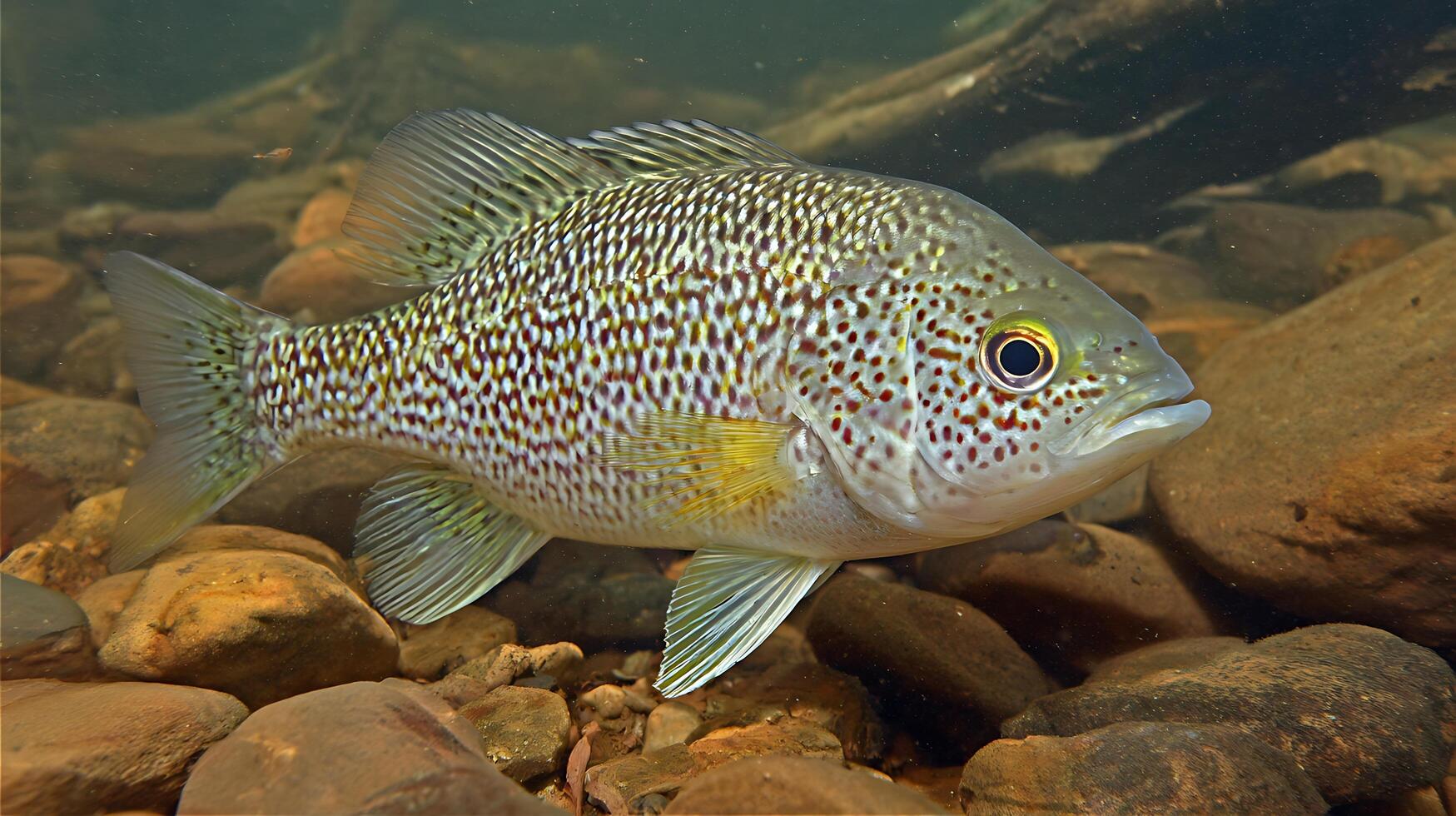 Vibrant Spotted Fish Swims Among Smooth River Rocks Underwater. photo