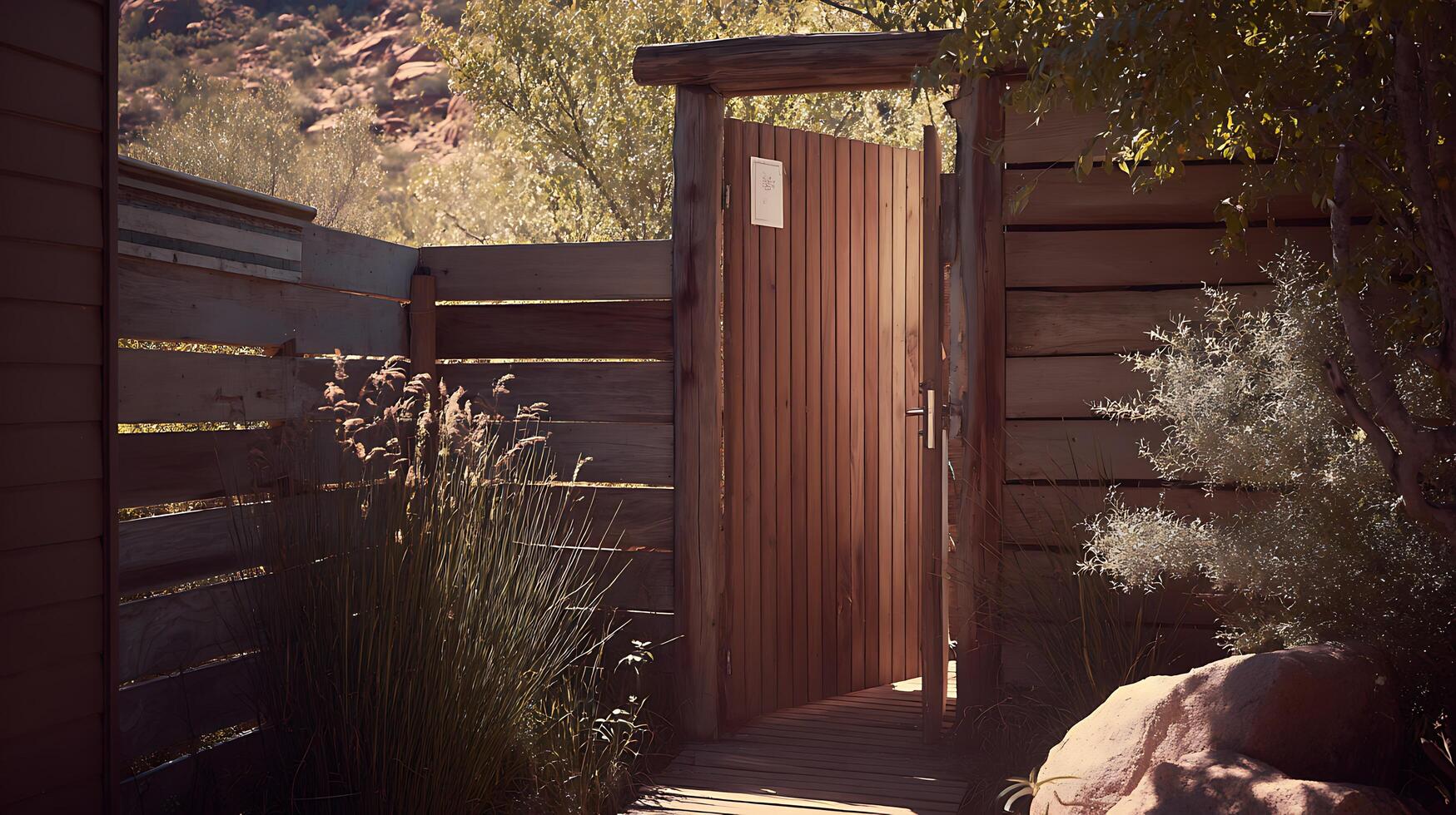 Rustic Wooden Gate Opens to a Sunny Natural Landscape View. photo