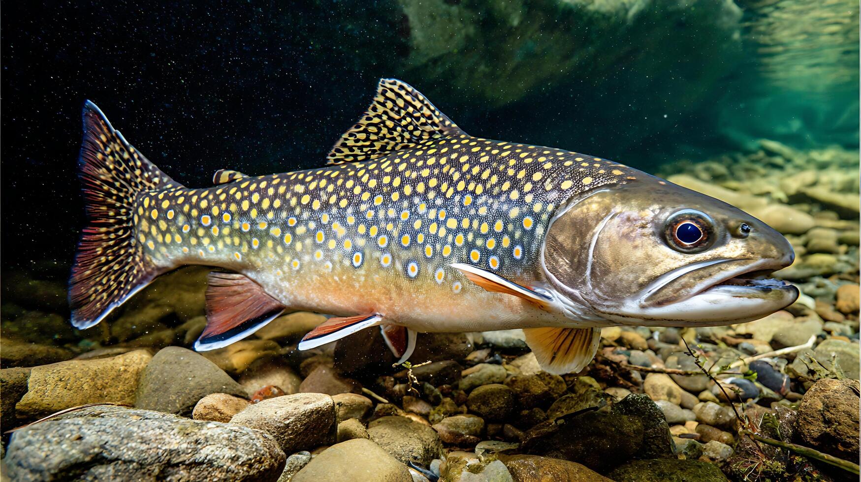 Majestic Brook Trout Swims Through Clear Water Over Rocky Riverbed. photo