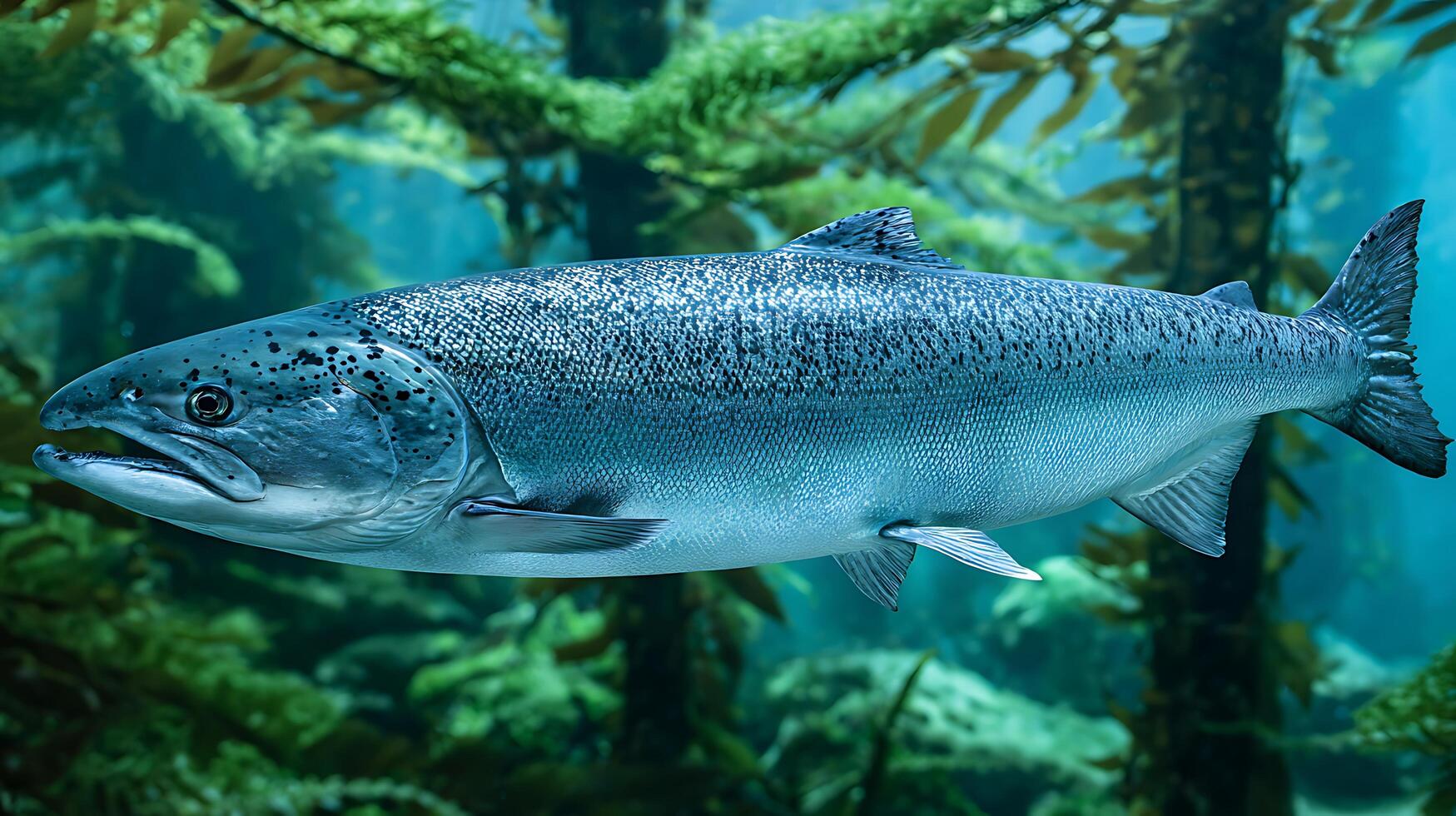 Majestic Salmon Swims Through Kelp Forest in Clear Blue Water. photo