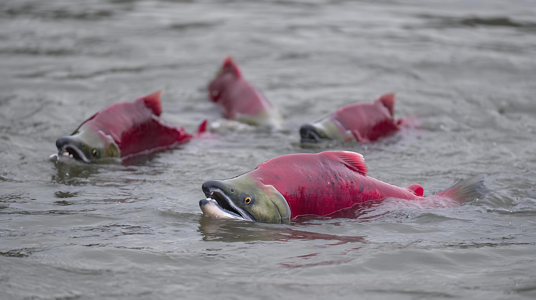 Salmon Swim Upstream Against Strong River Currents. photo