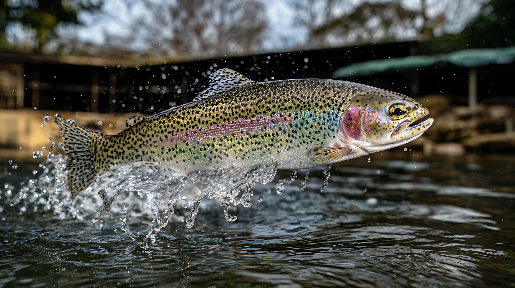 Dynamic Rainbow Trout Leaps from Water in Motion Splash Photography. photo