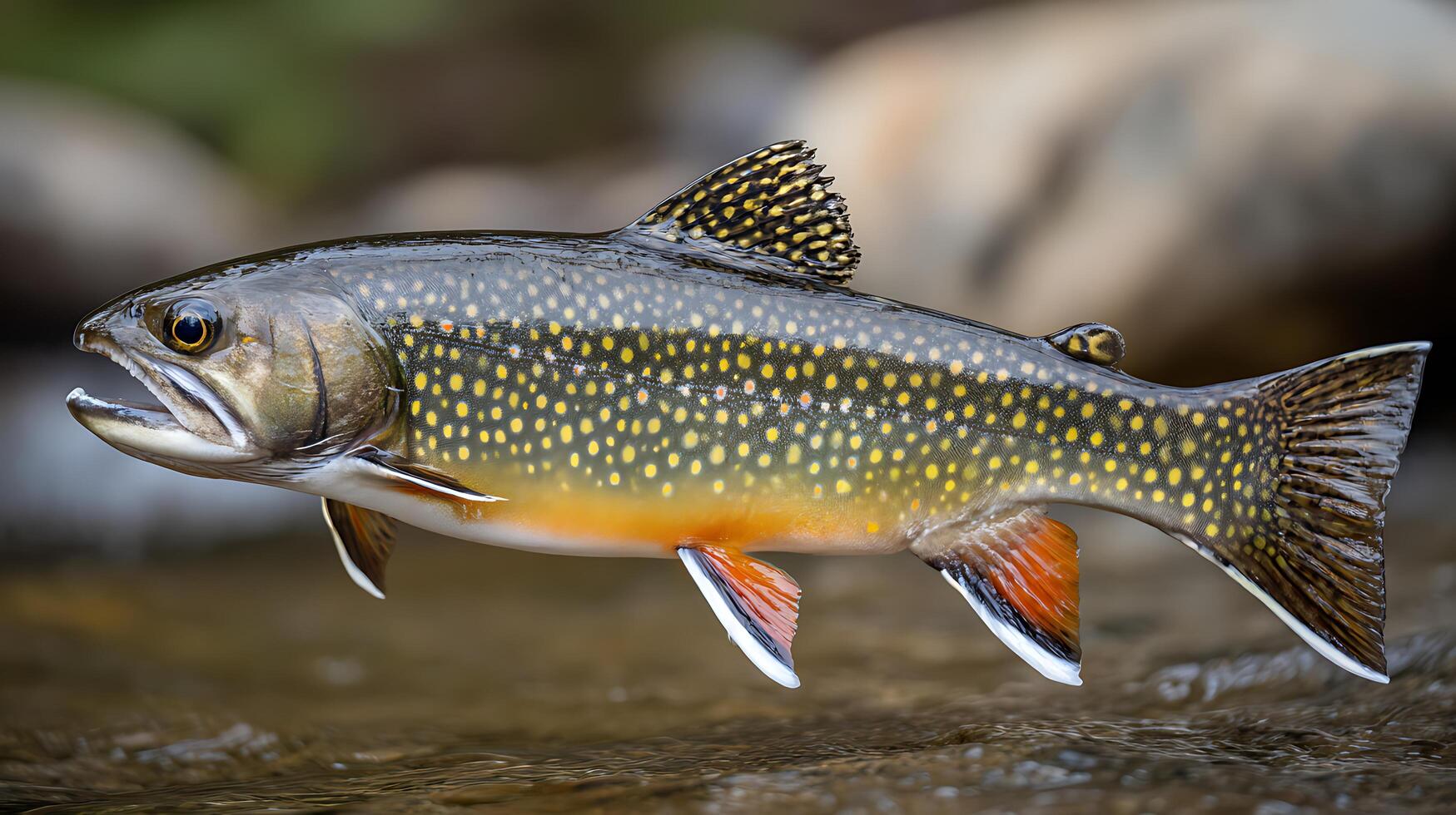 Majestic Brook Trout Leaps Through Clear Mountain Water Stream. photo
