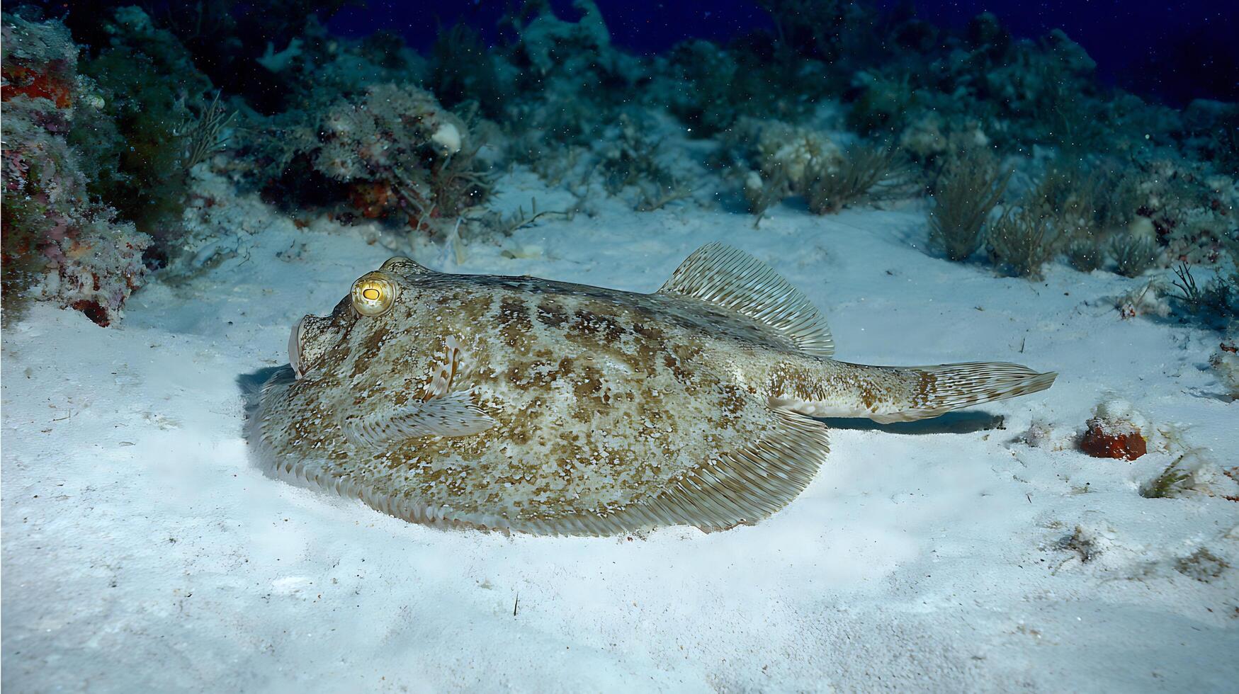 Camouflaged Flatfish Resting on Sandy Ocean Floor. photo