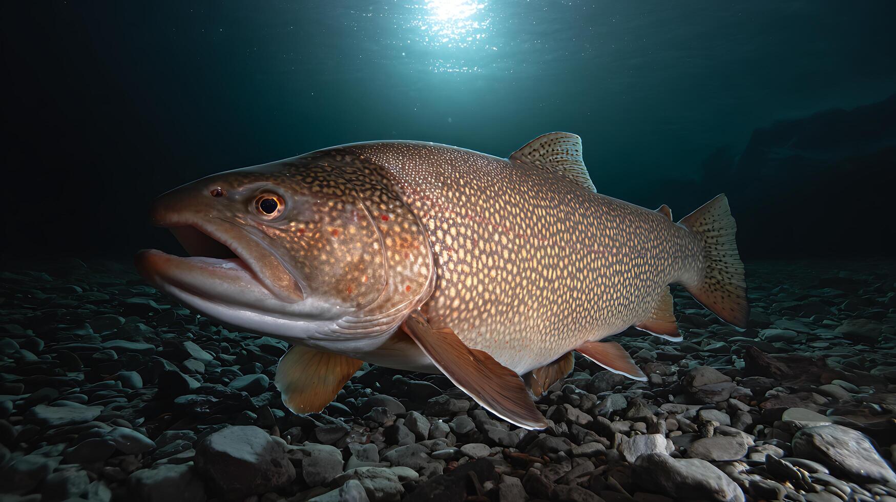 Majestic Trout Swims Through Rocky Riverbed Under Sunlight. photo