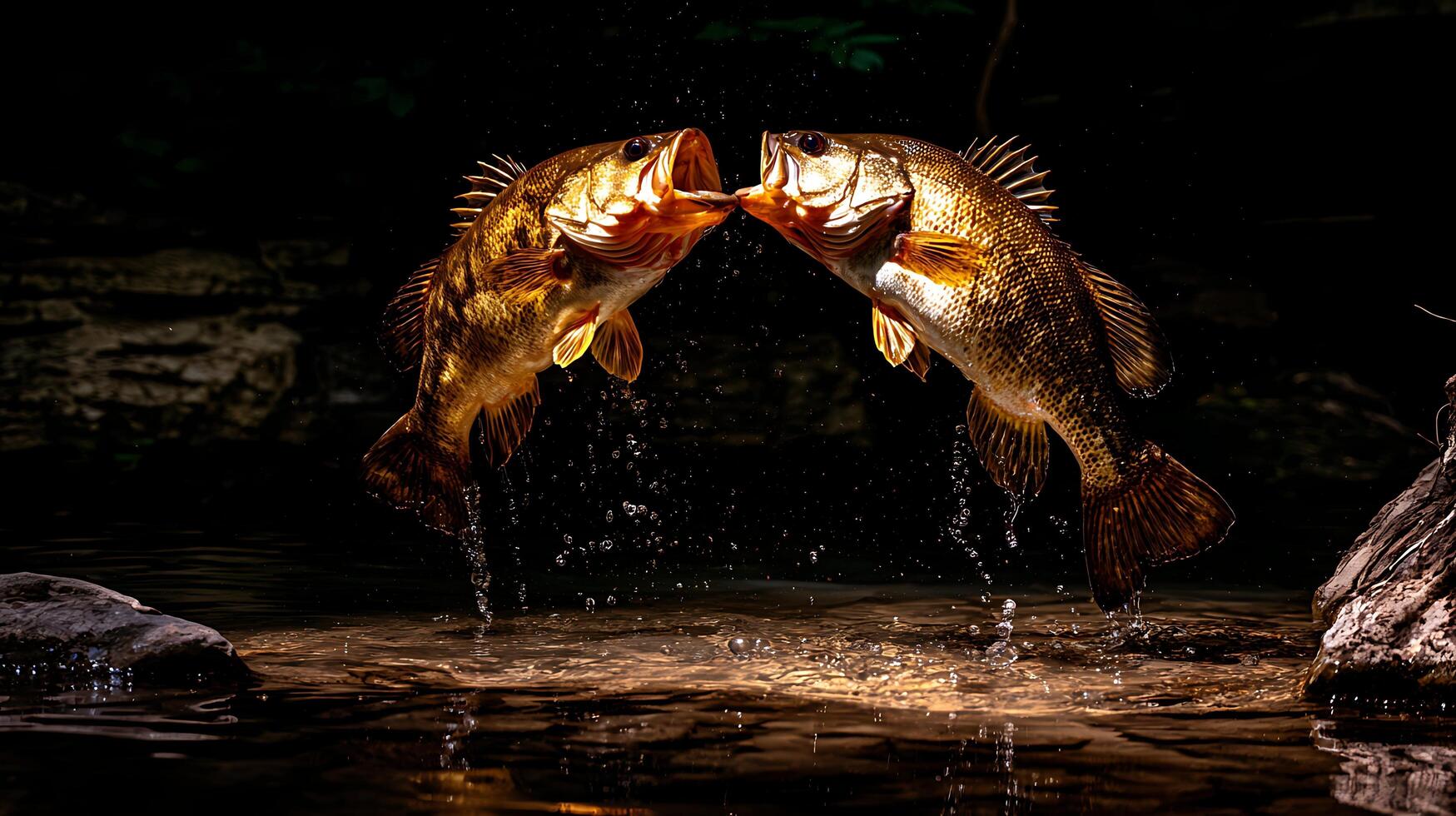 Dynamic Duo Two Bass Fish Leap and Splash in a Dramatic Encounter. photo