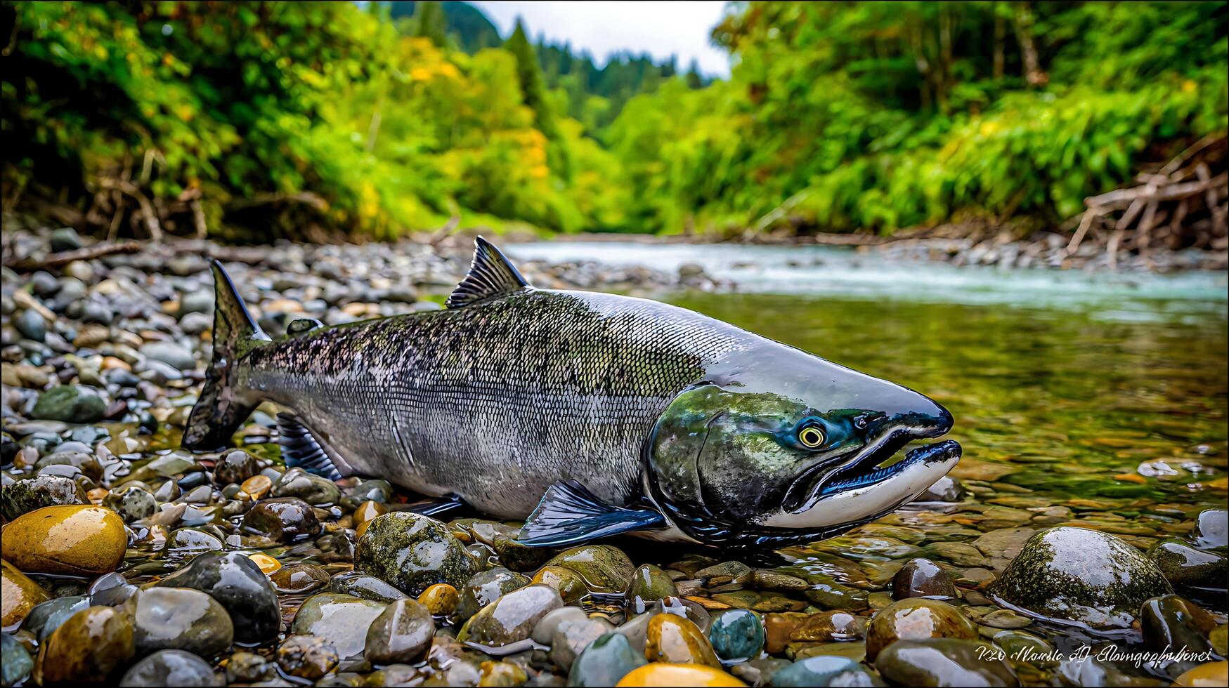 Majestic Salmon Rests on Riverbed Amidst Lush Forest Scenery. photo
