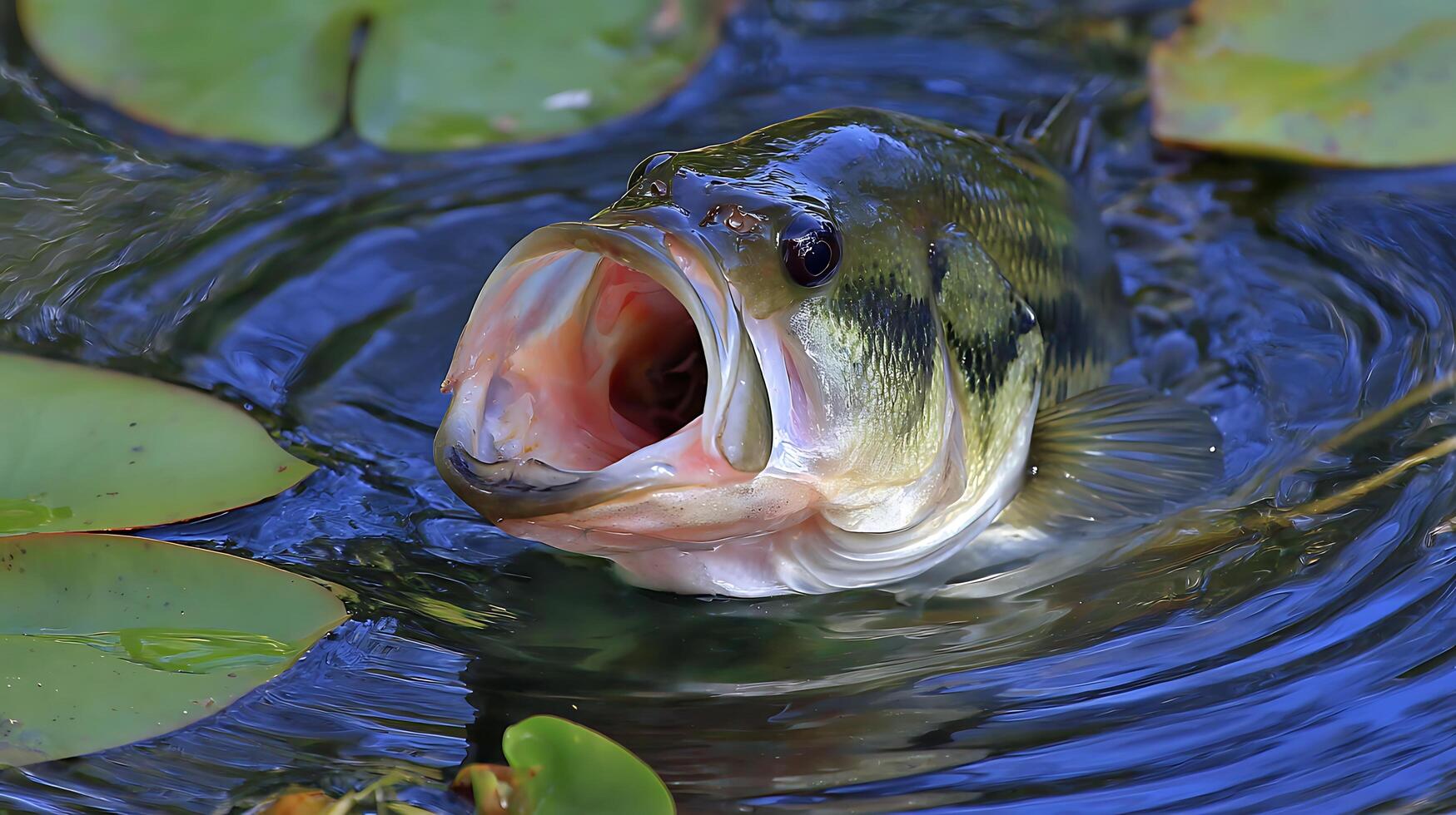 Close up of a largemouth bass leaping from dark water with lily pads. photo
