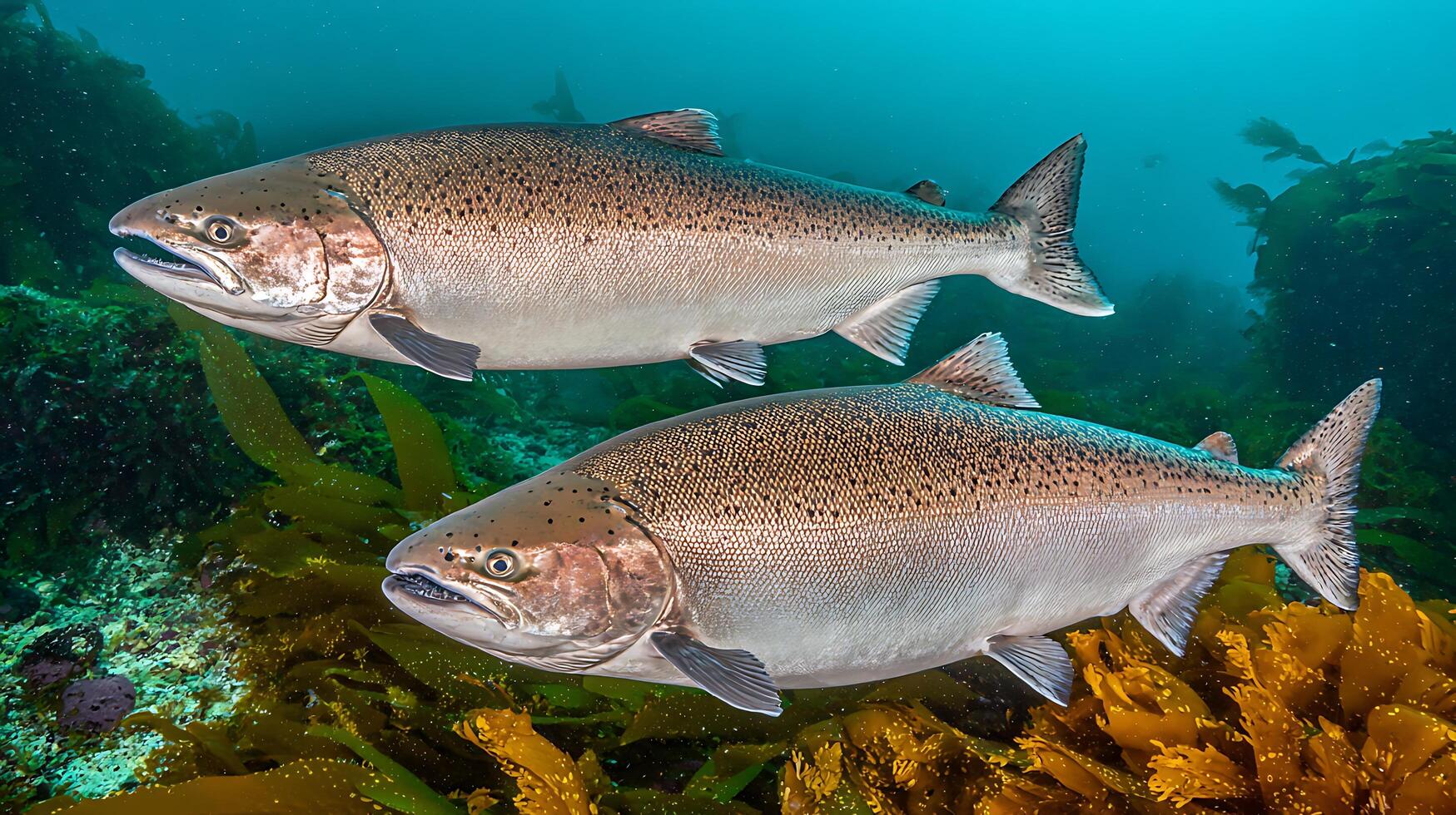 Two Steelhead Trout Swim Through Kelp Forest Habitat. photo