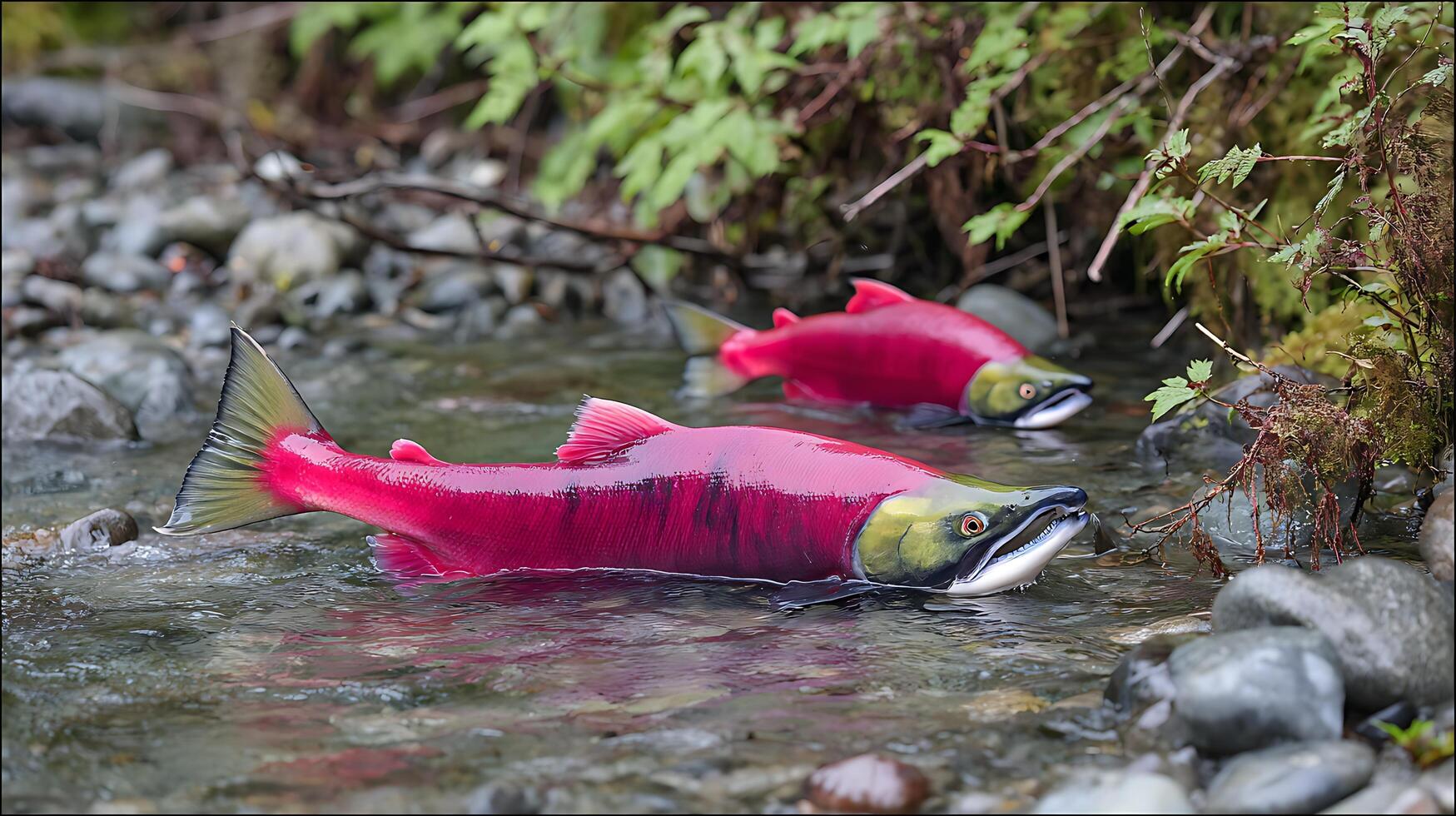 Two Bright Pink Salmon Swim Upstream Through Clear Rocky Water. photo
