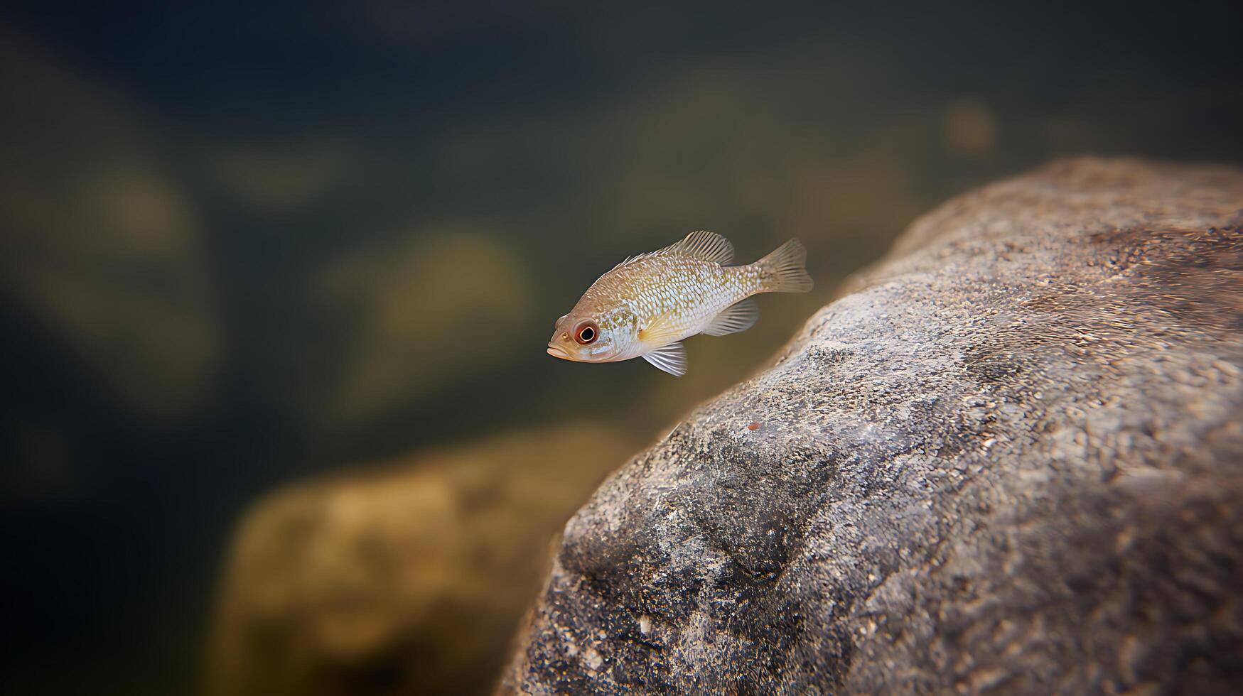 Small Fish Swimming Near Textured Rock in Clear Water. photo