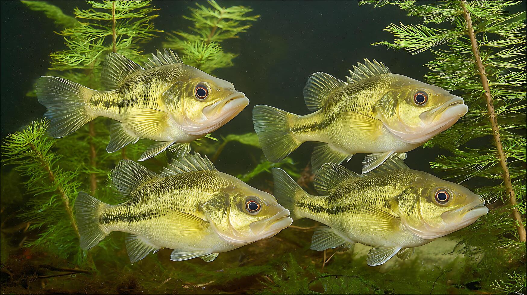 Four small fish swim together among green aquatic plants. photo