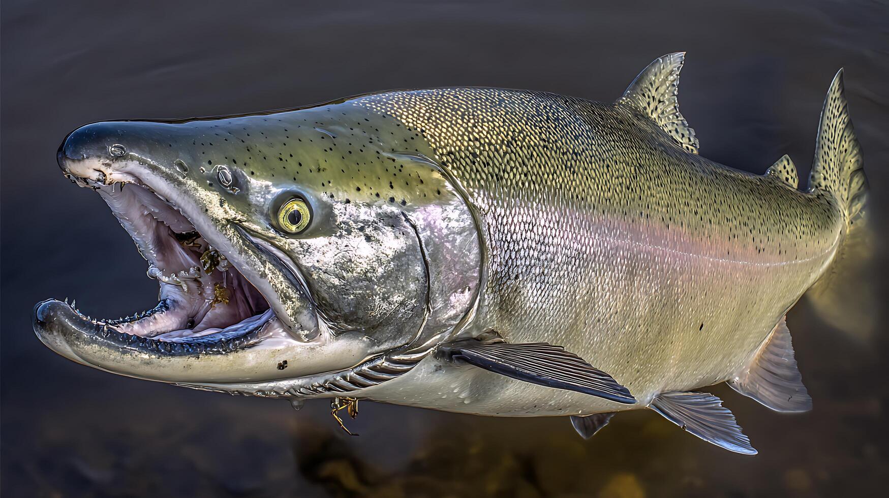 Giant Salmon Opens Mouth, Showing Teeth, Scales, and Gills in Water. photo
