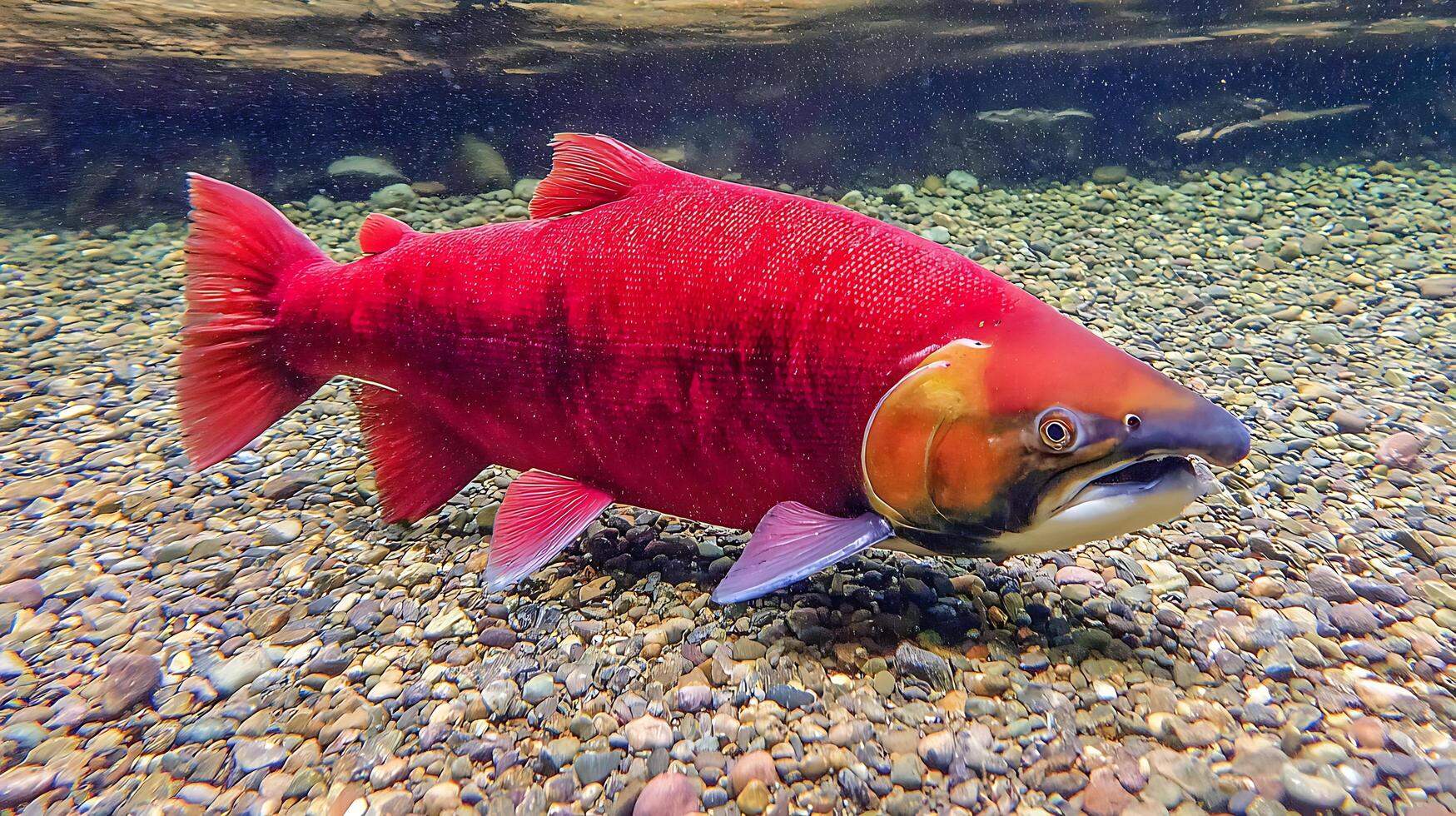 Vibrant Red Salmon Swimming in a Clear River with Rocky Bottom. photo