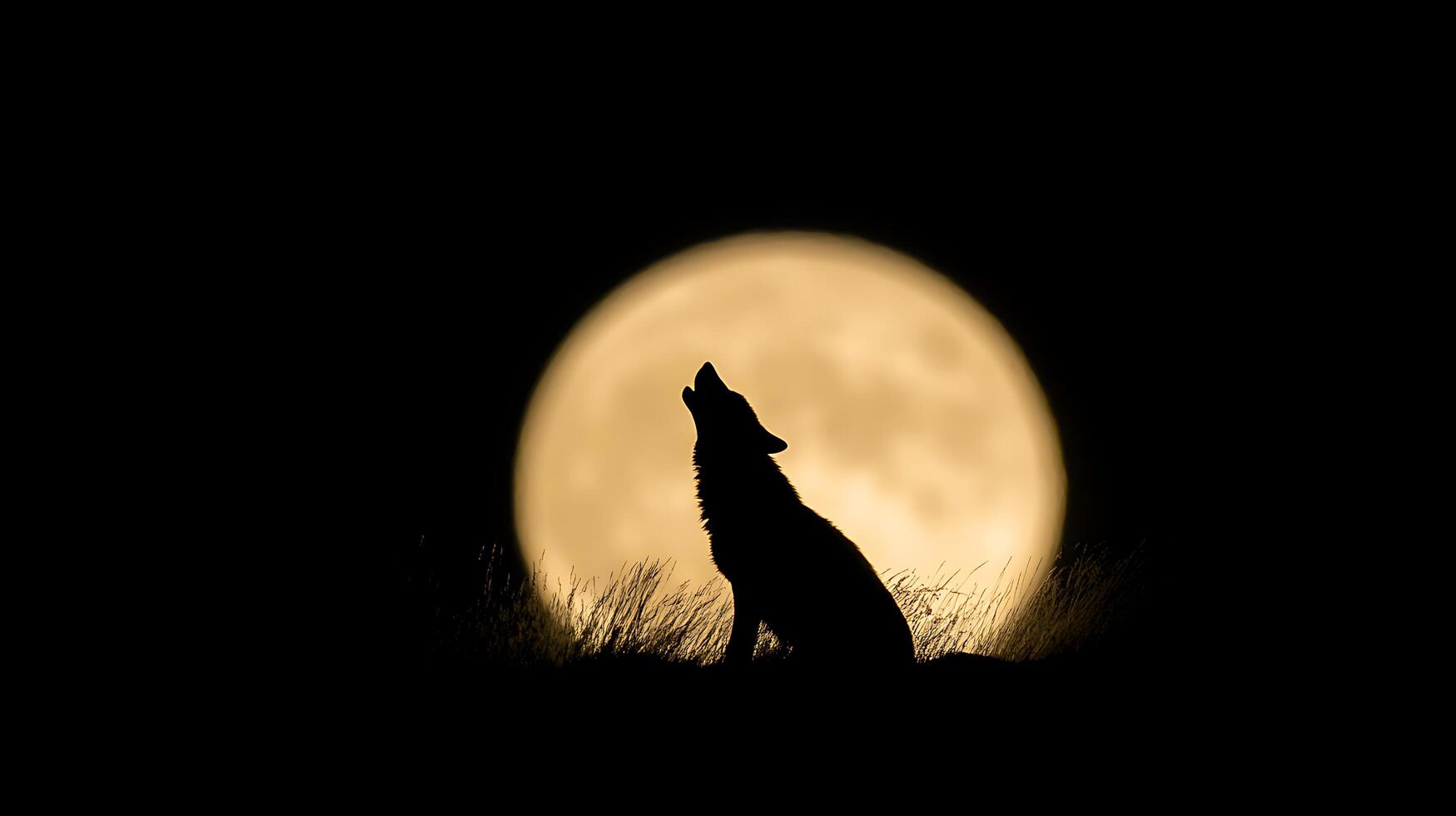 Lone Wolf Howls at Giant Full Moon Silhouetted Against the Night Sky. photo