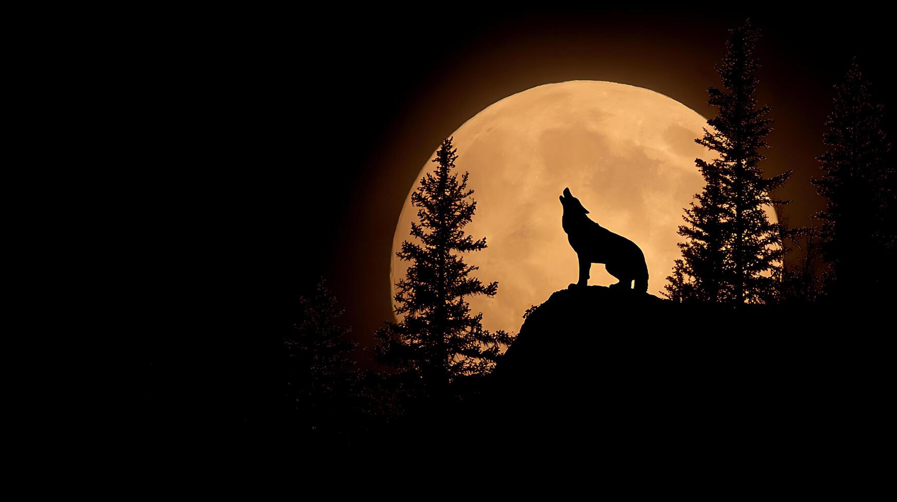 Lone wolf howls at a giant orange moon in the night forest. photo