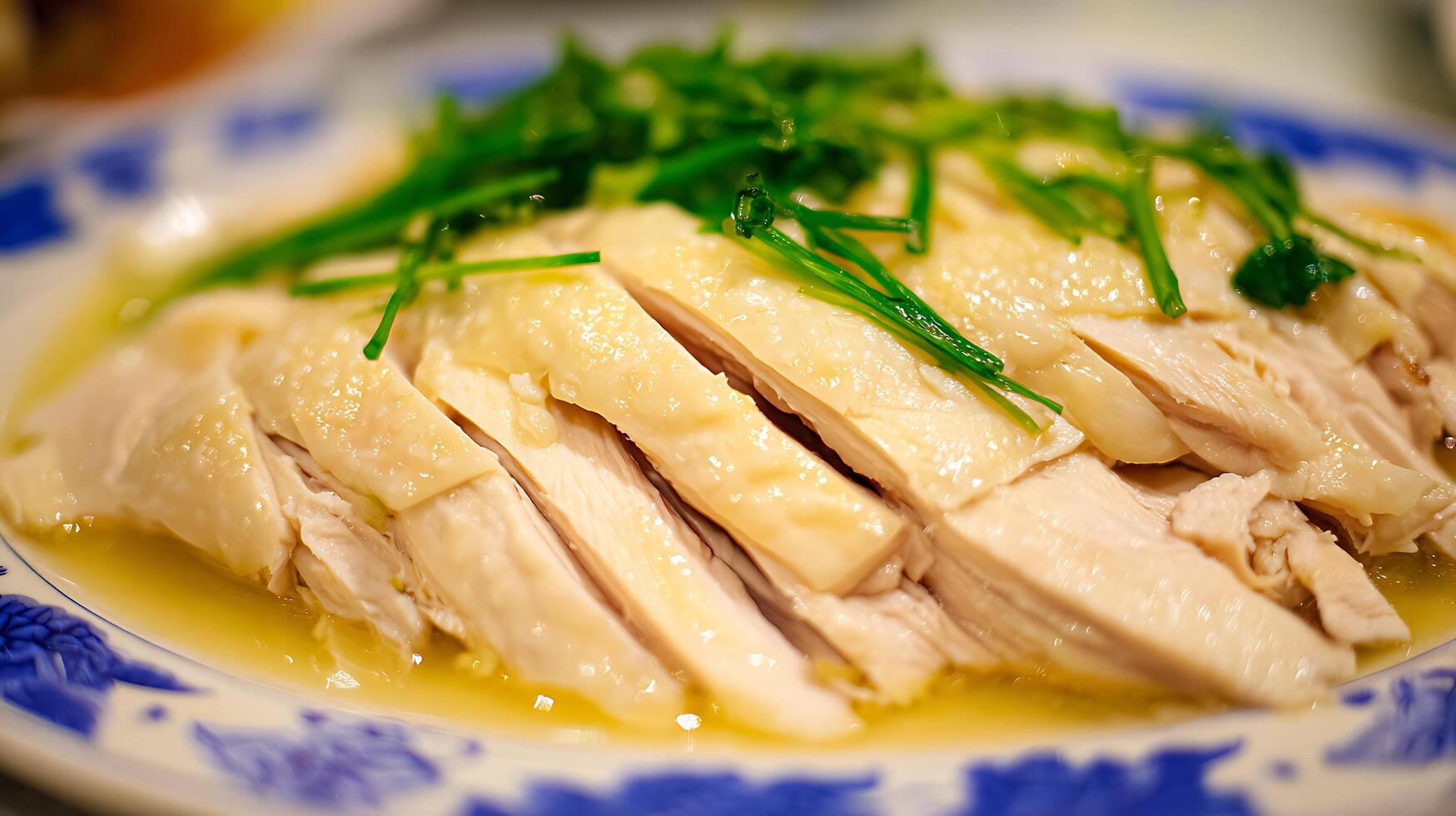 Delicious Sliced Chicken with Fresh Green Herbs on a Decorative Plate. photo