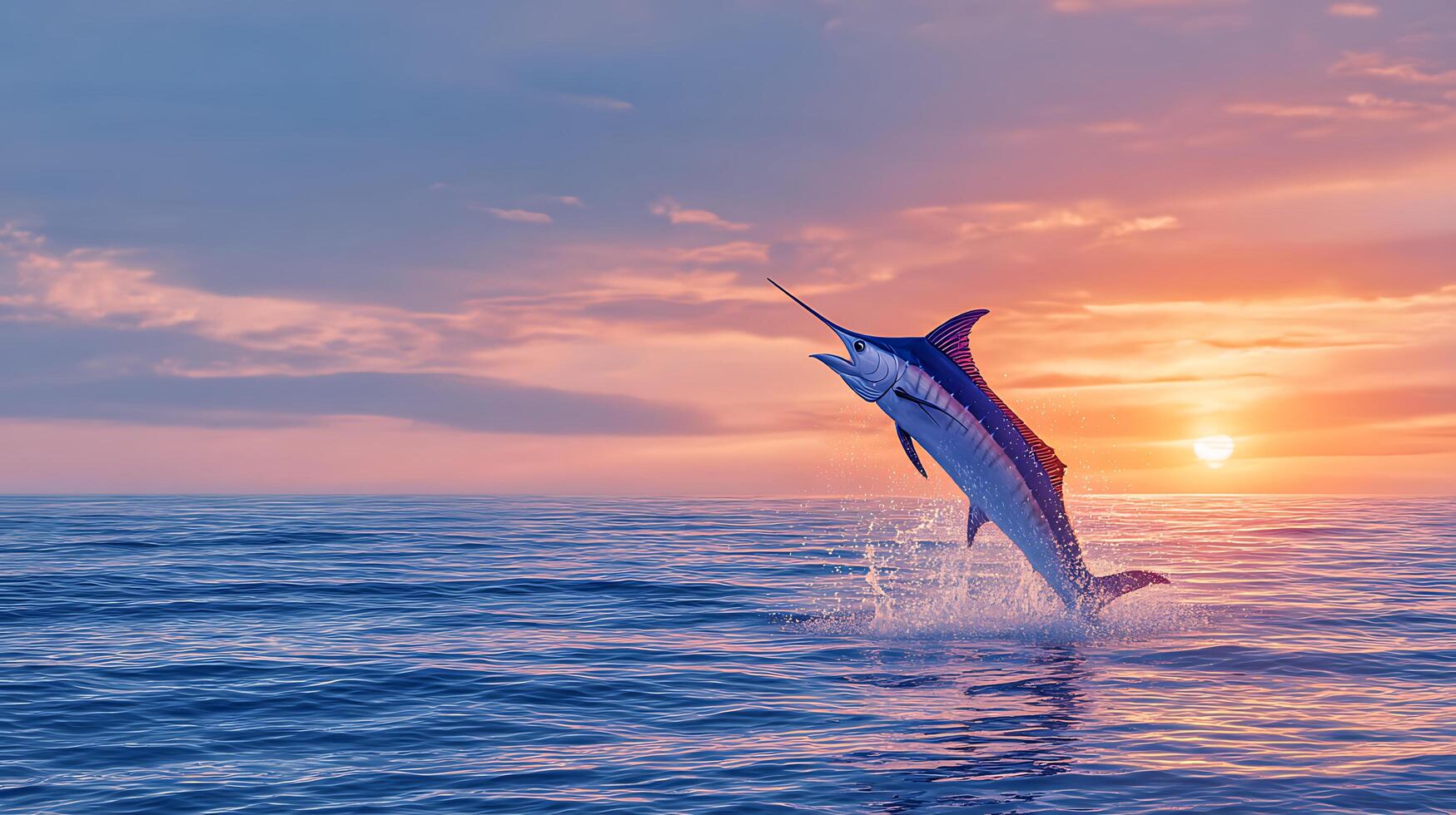 Majestic Marlin Leaps From Ocean Waves at Sunset. photo
