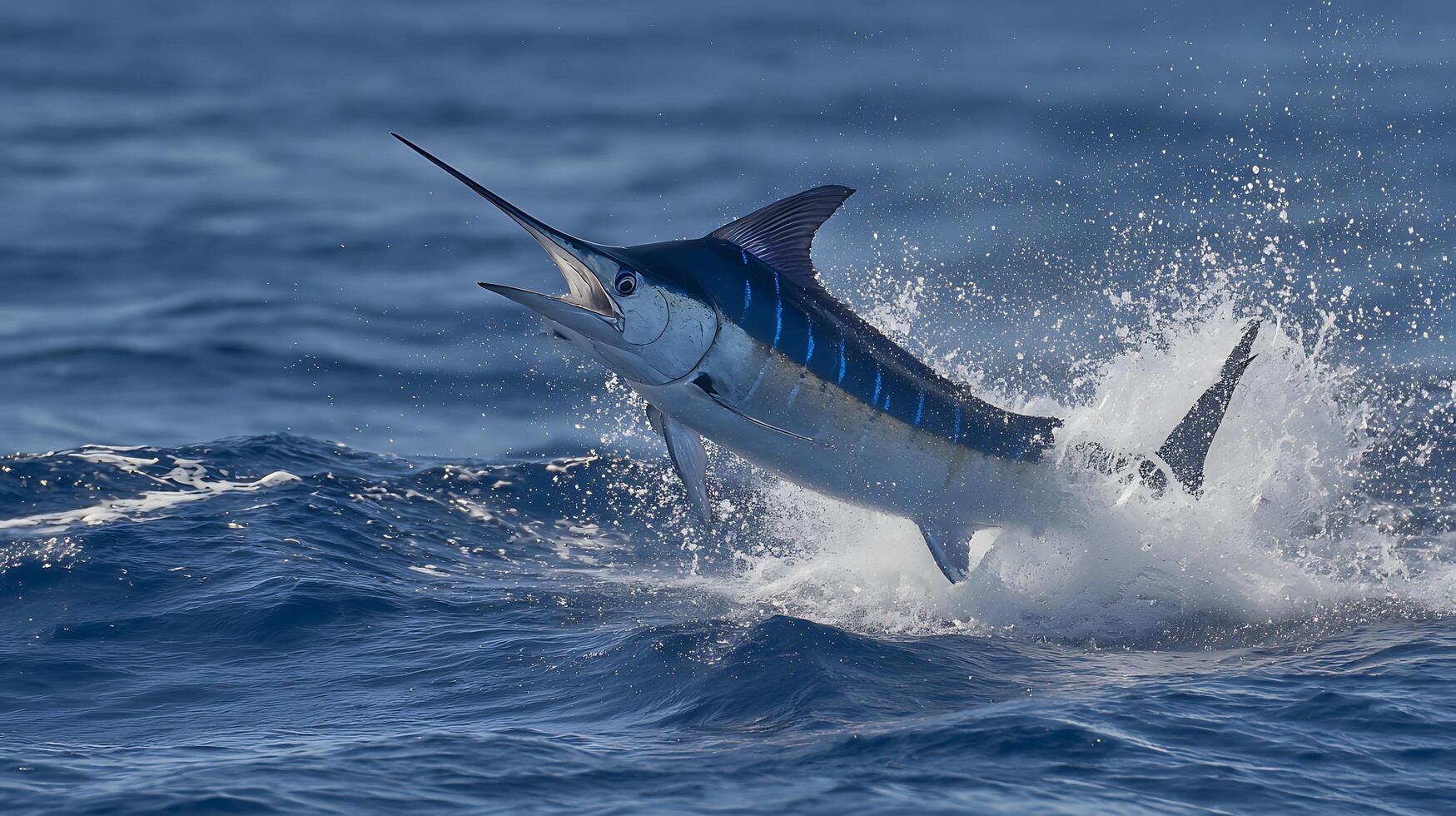 Majestic Blue Marlin Leaps from Deep Ocean Waves in Action Shot. photo
