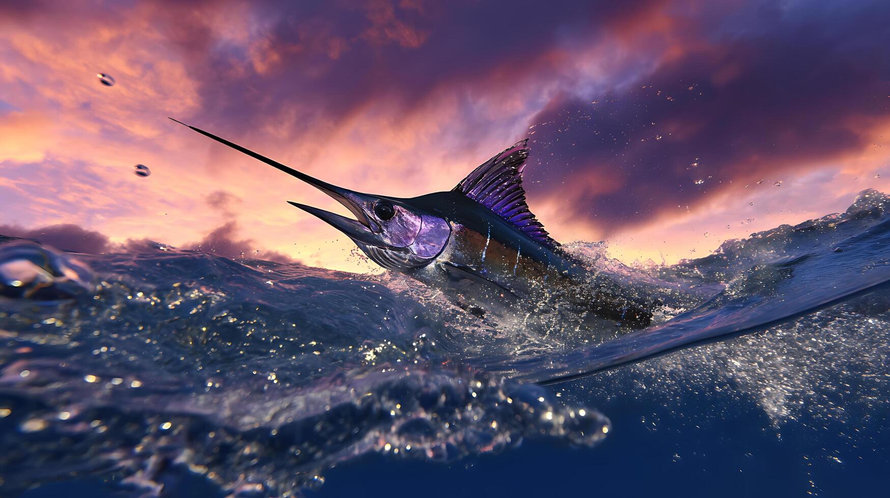 Majestic Marlin Breaches Water at Sunset for Epic Fishing Adventure. photo