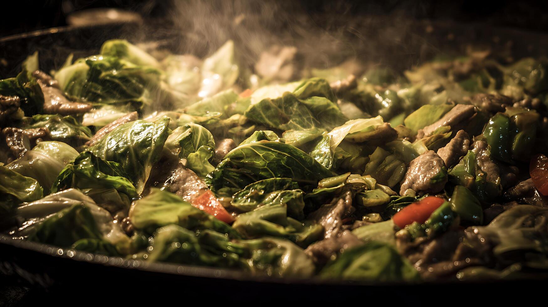 Sizzling Stir Fry with Fresh Cabbage and Meat in a Hot Pan. photo