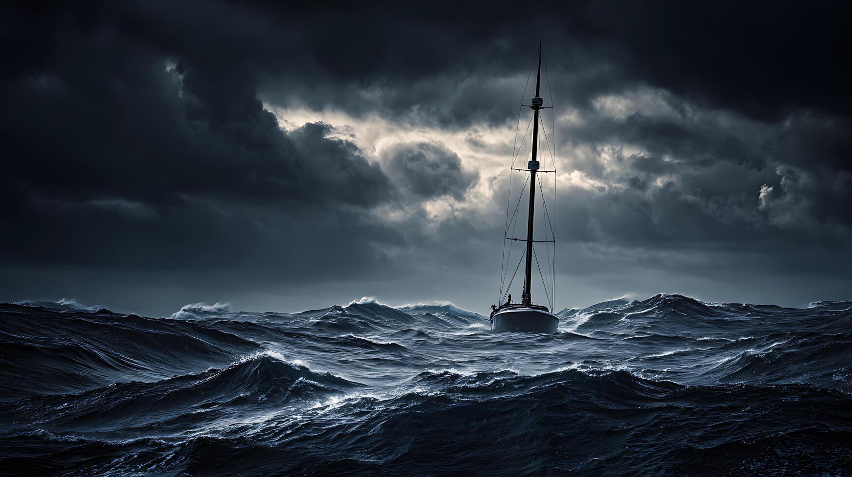 Lonely sailboat navigates stormy seas under dark, dramatic skies. photo