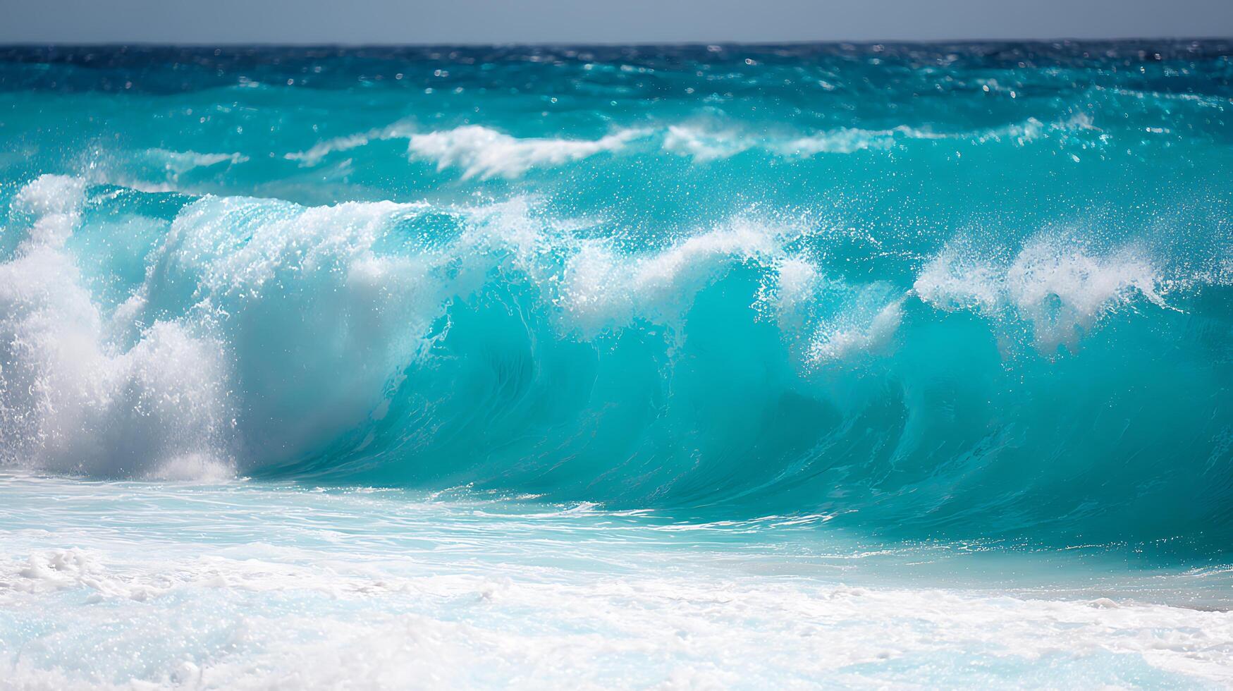 Majestic Teal Ocean Wave Crashing in Slow Motion on a Sunny Day. photo