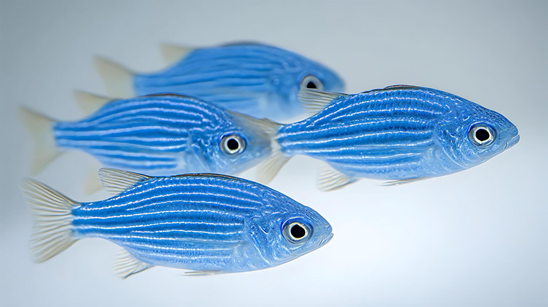 Four Striking Blue Fish Swimming Together in a Clean Studio Setting. photo