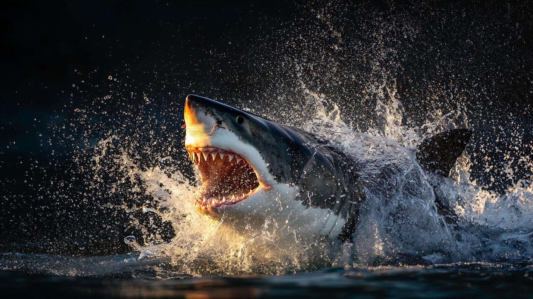 Powerful Great White Shark Leaps From Water With Open Jaws. photo