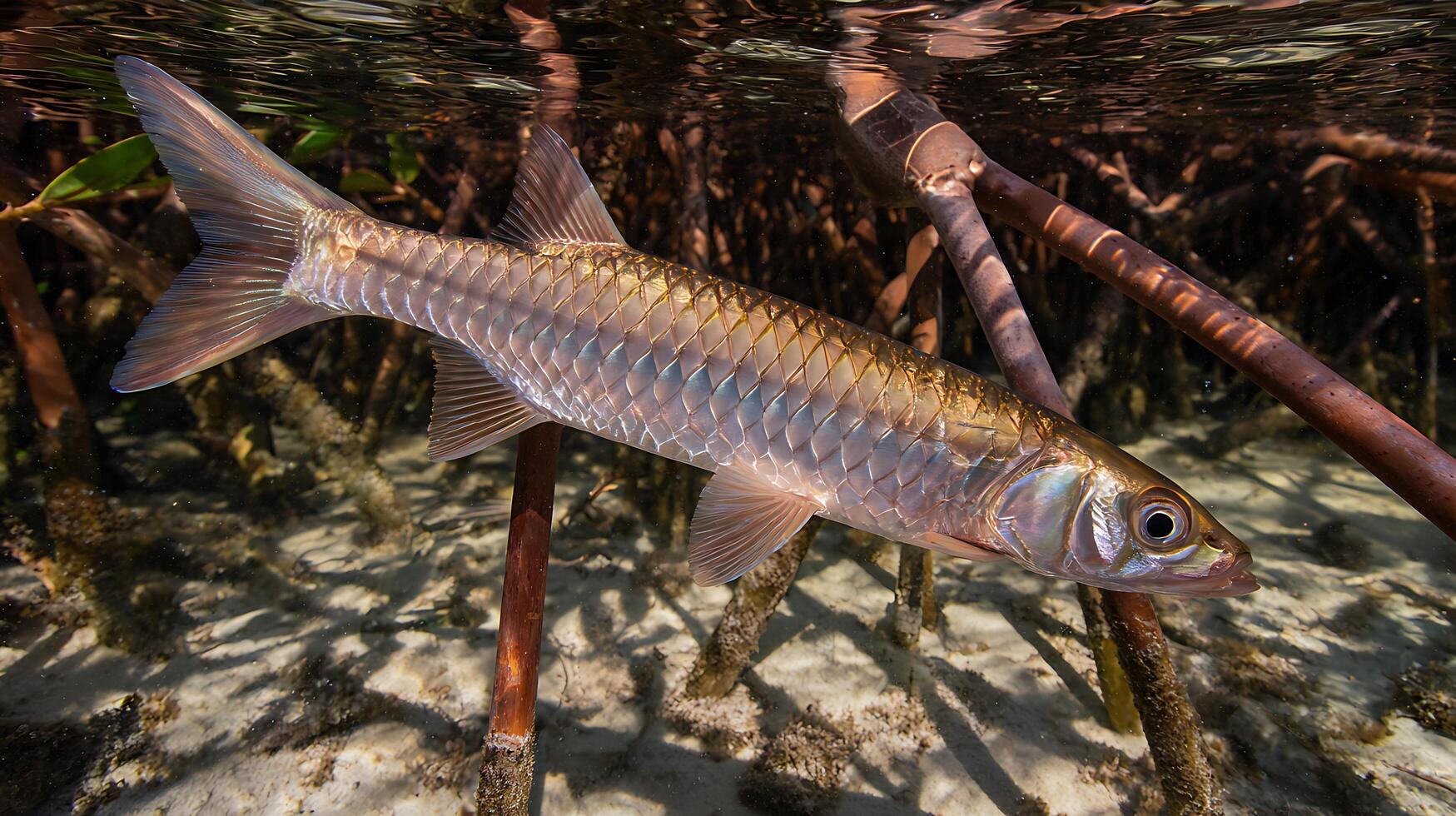 Gleaming Fish Swims Through Mangrove Roots in Crystal Clear Water. photo