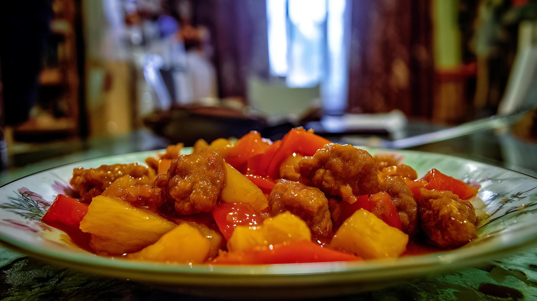 Delicious Sweet and Sour Pork with Pineapple and Peppers Close Up. photo