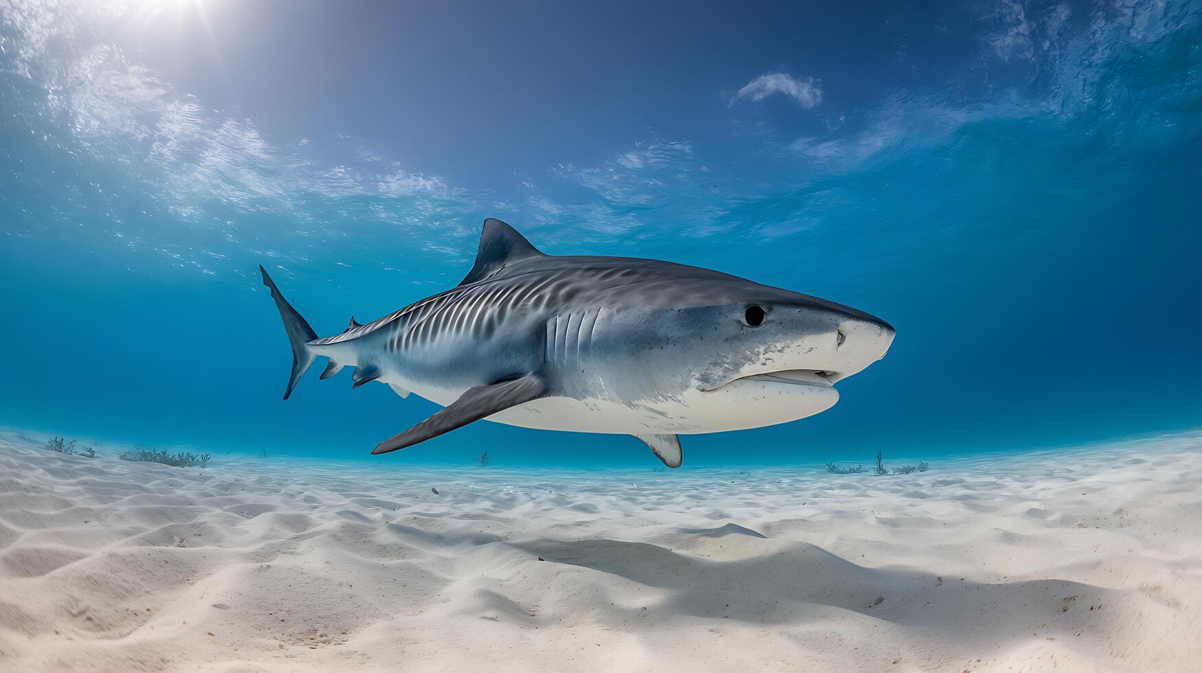 Majestic Tiger Shark Swims Over Sandy Ocean Floor Under Sunlight. photo