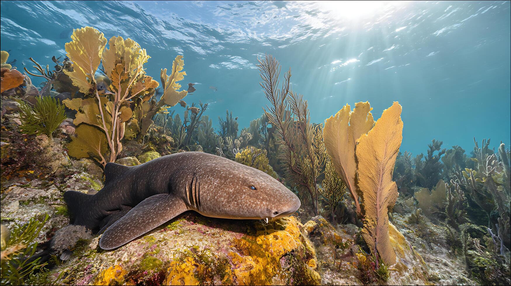 Peaceful Nurse Shark Rests Among Vibrant Coral Reef and Sunlit Waters. photo