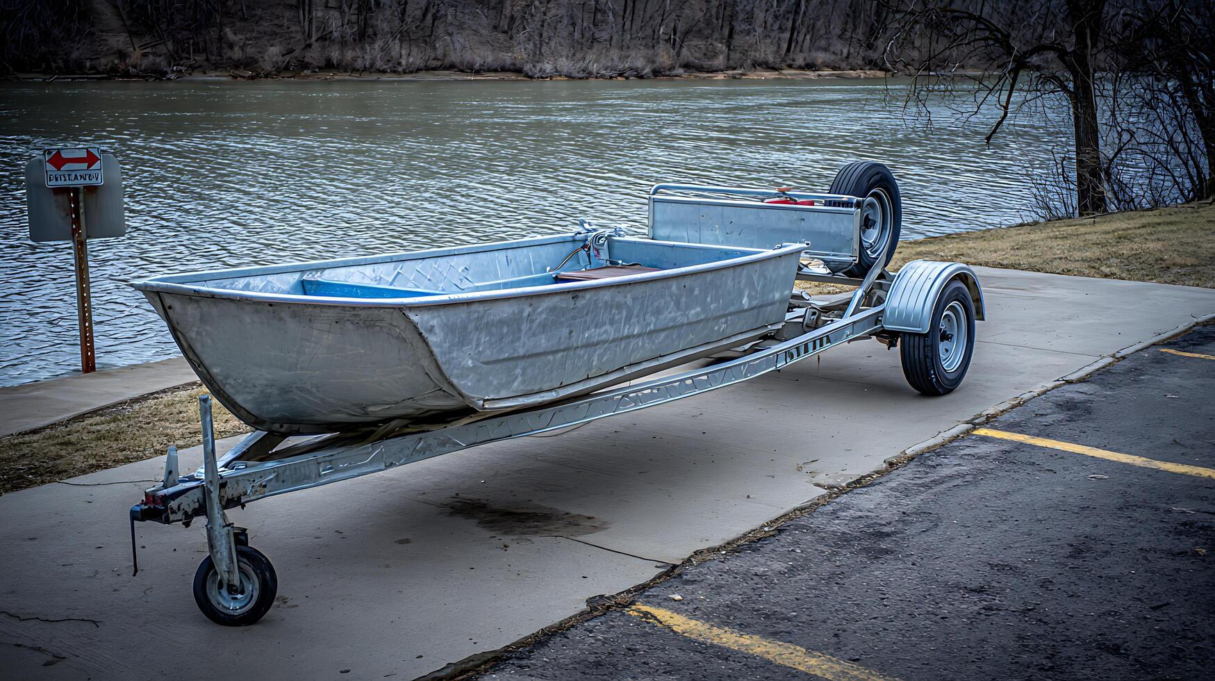 Small Aluminum Boat on Trailer Ready for River Adventure. photo