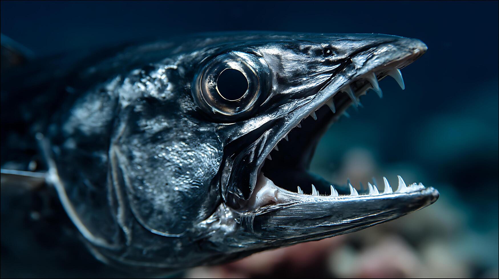 Fierce Predator Revealed Extreme Close Up of Barracuda Head with Sharp Teeth. photo