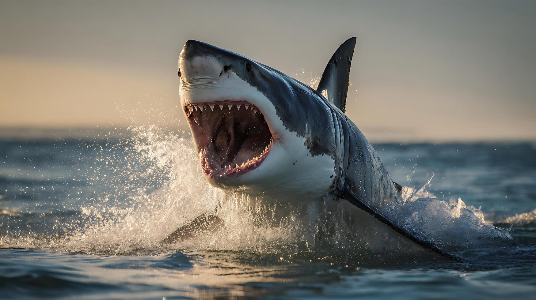 Majestic Great White Shark Leaps from Ocean Water with Open Mouth. photo