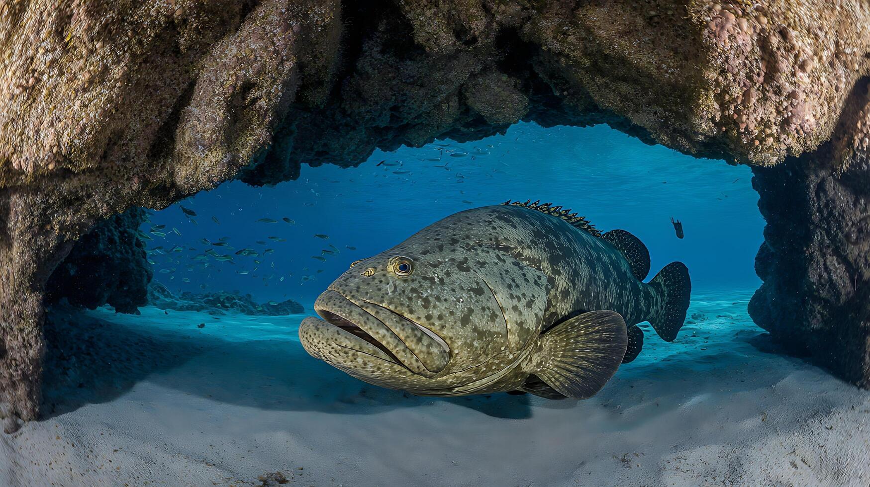 Giant Grouper emerges from a dark underwater cave into clear blue water. photo