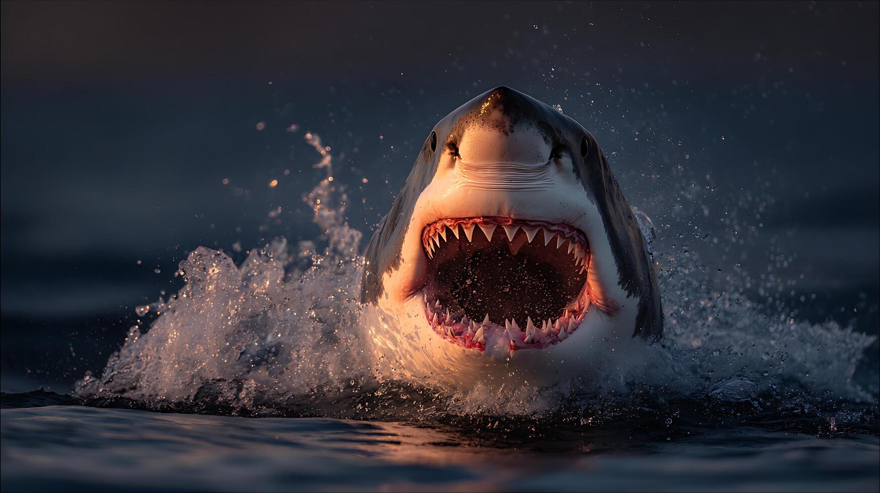A Great White Shark Surfaces With Jaws Open Ready to Strike. photo
