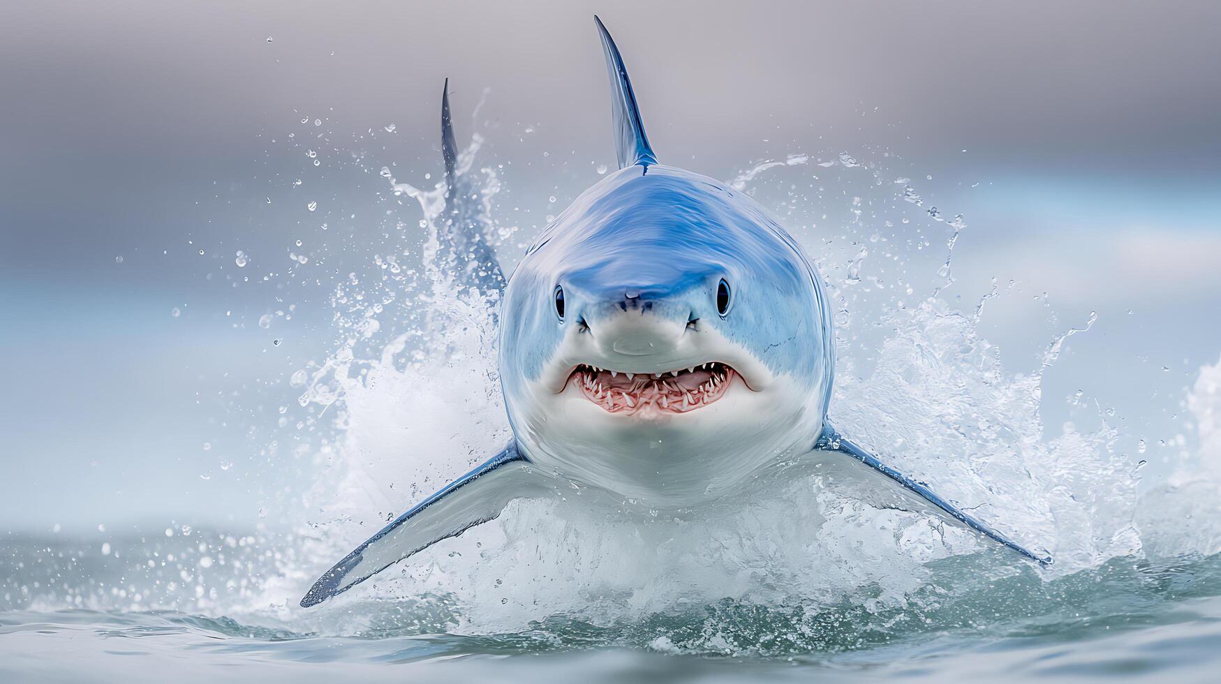 Majestic Shark Leaps From Water, Showing Teeth and Power. photo