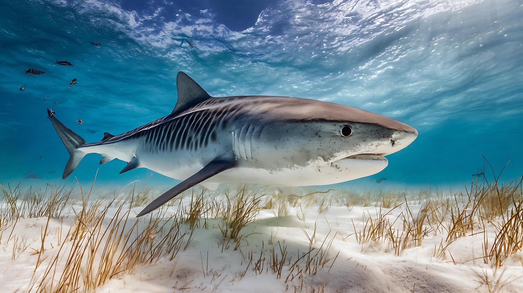 Majestic Tiger Shark Swims Above Sandy Seabed with Marine Life. photo