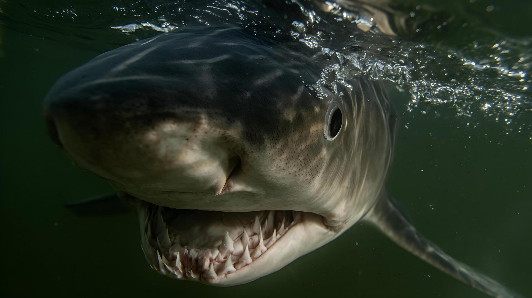 Fierce Tiger Shark Emerges From Dark Waters With Jagged Teeth Exposed. photo